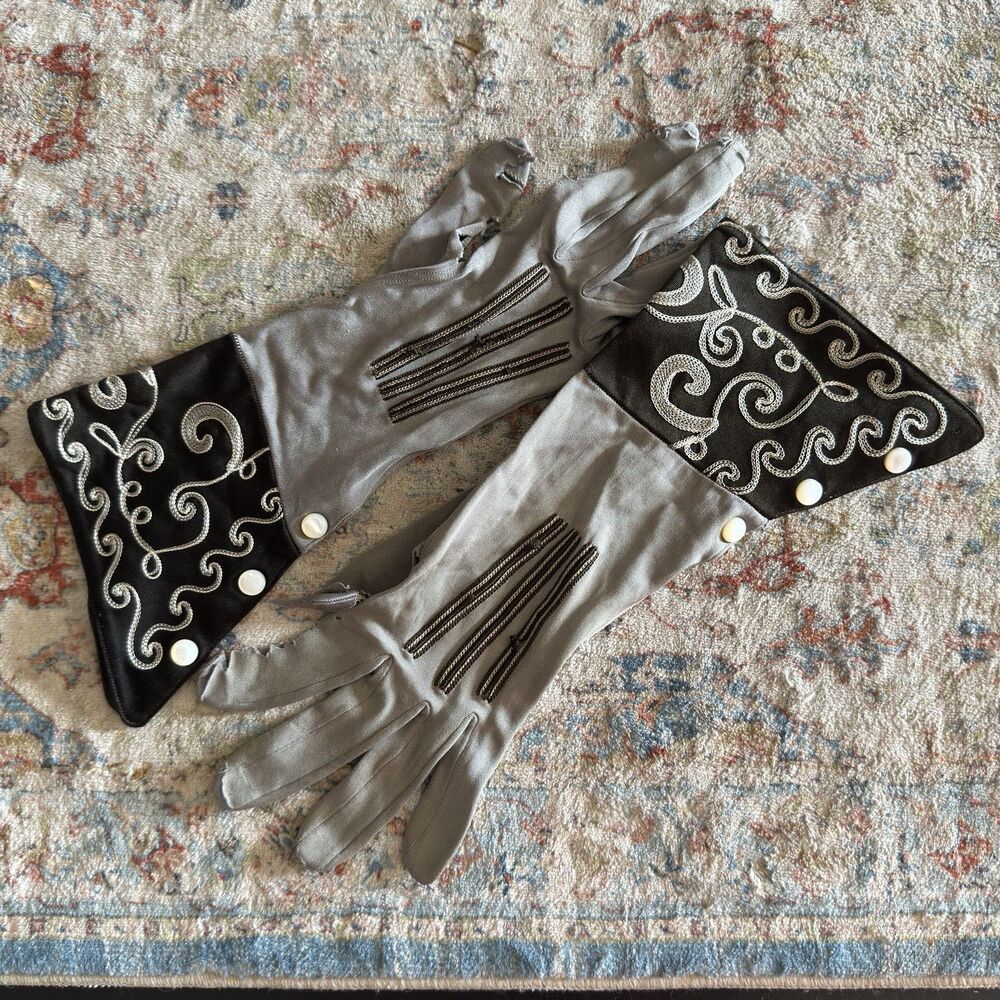 Van Raalte Vintage Gray Art Deco Nylon Gauntlet Gloves Embroidery Sony Pictures